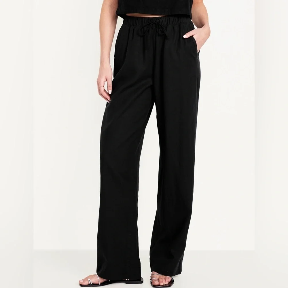NWT! Black High-Waisted Linen-Blend Straight Pants - Multiple Sizes🔹 - Picture 2 of 10